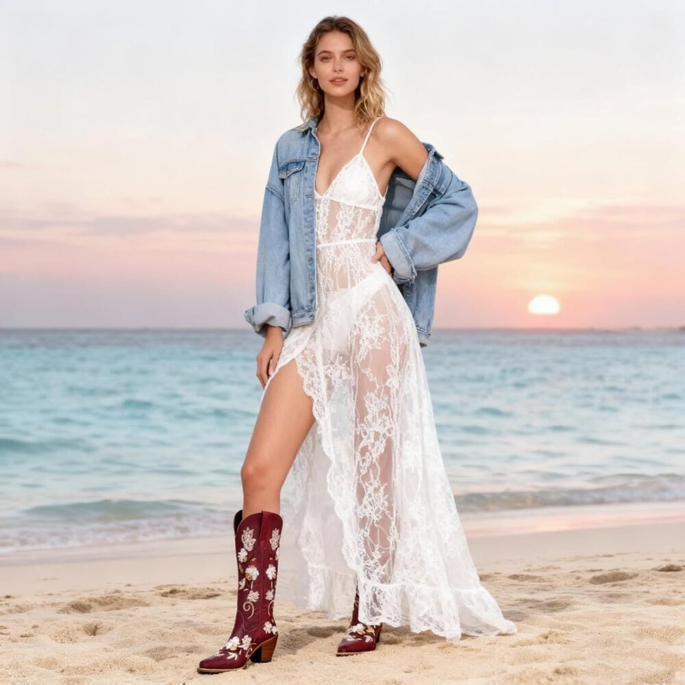 Women's Burgundy Cowboy Boots Knee High Floral Embroidered Western Boots Pull On - Picture 2 of 6